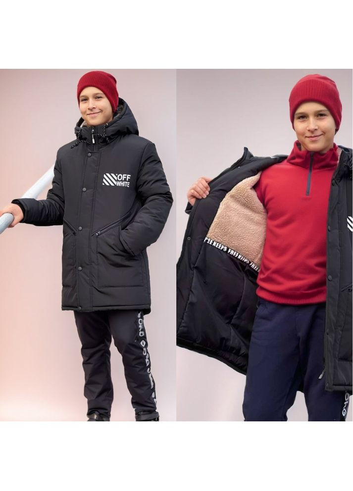 Чорна зимня зимова підліткова куртка парка на овчині для хлопчиків чорне пальто офф-вайт для підлітків зима 42 No Brand