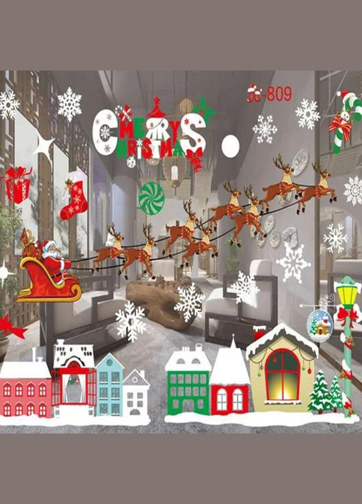 Наклейка новорічна на вікна з оленями 50 на 70 см різнобарвний Jannet Наклейка (306530290)