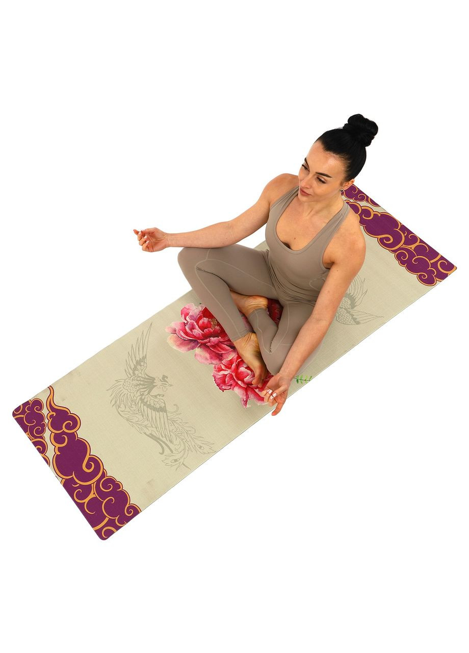 Килимок для йоги Льняний (Yoga mat) двошаровий 3мм (розмір 183x61x0,3см, джут, каучук, бежевий, з принтом Сакура) Record (361434941)