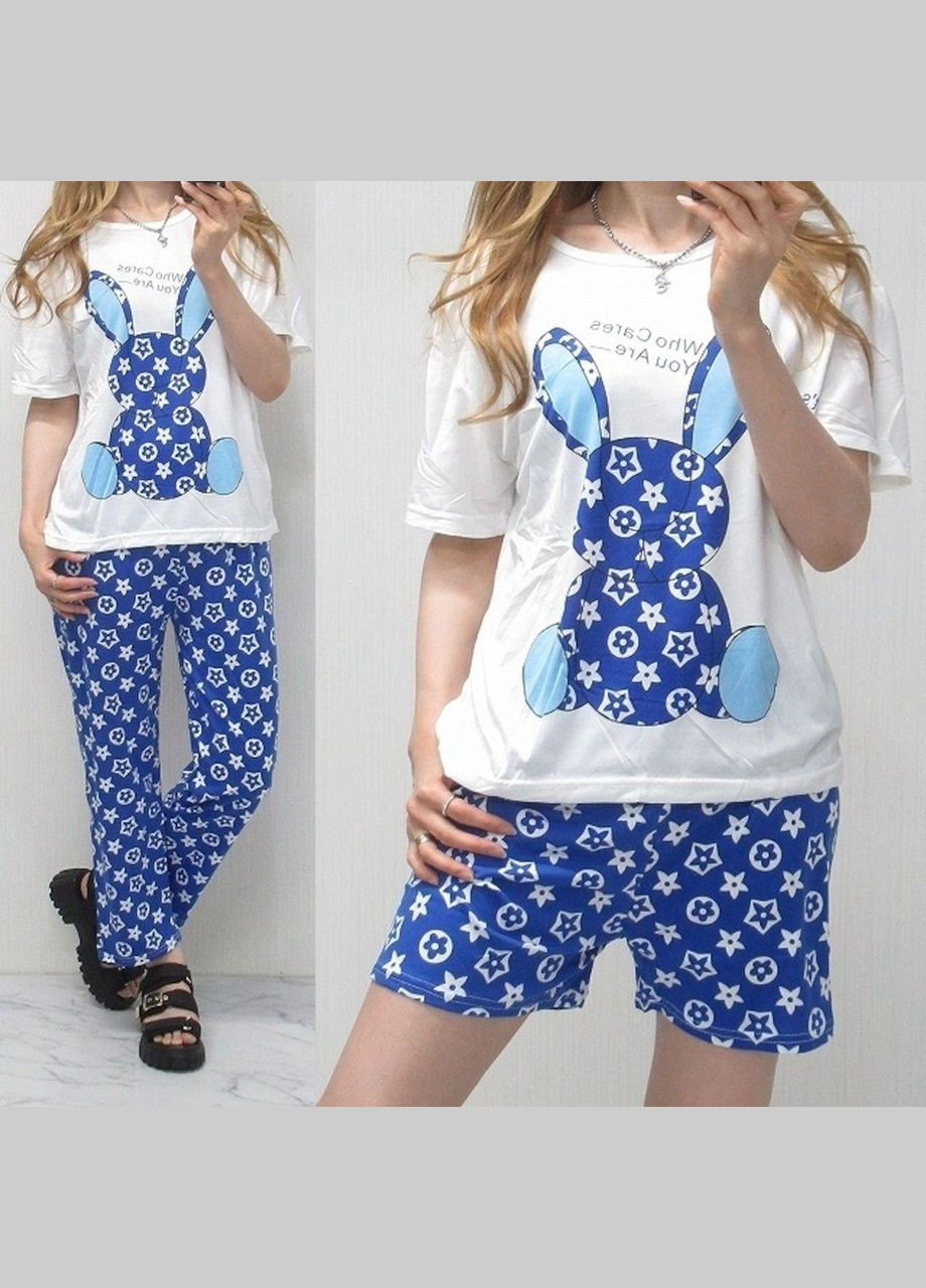 Синя всесезон жіноча бамбукова піжама 3в1 для дому з принтом з коротким рукавом gray rabbit сірий футболка + шорти + брюки No Brand Кролик