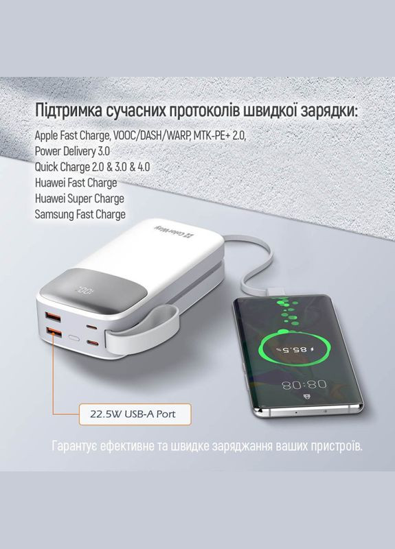 УМБ Power Bank 30000 mAh Powerful (USB QC3.0 + USBC Power Delivery 22.5W) White (CW-PB300LPA4WT-PDD) Colorway (294978758)
