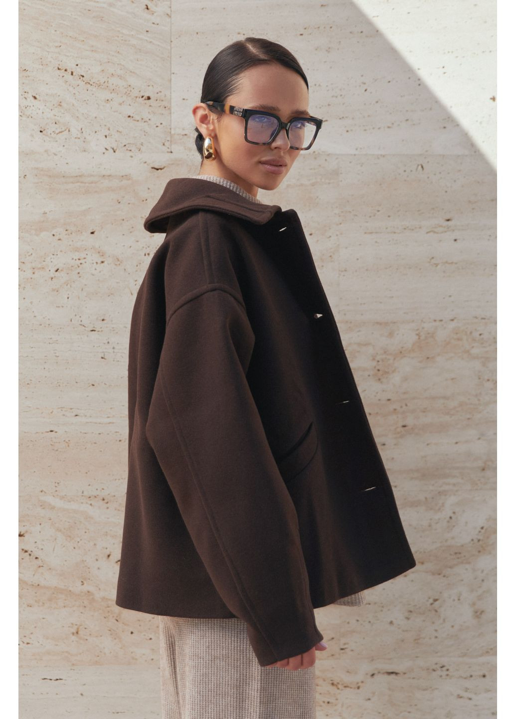 Темно-коричневе демісезонне Пальто жіноче укорочене однобортне зі спущеним рукавом італійський кашемір демісезонне Seventeen