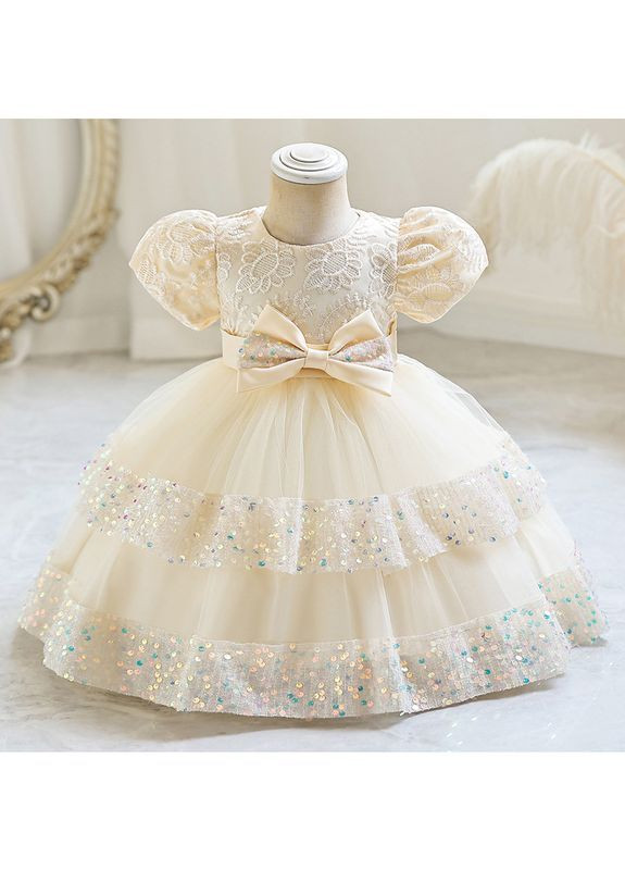 Бежевое праздничное платье с пайетками и пышной юбкой, элизабет, шампань, 1-5 лет No Brand (371797326)