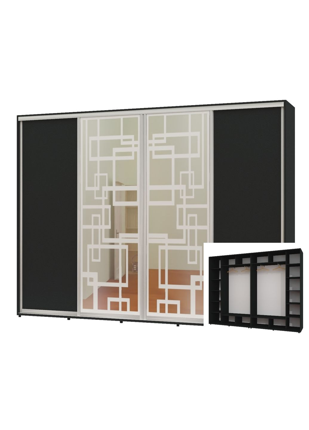 Шафа-купе чотиридверна 340*45*240 Антрацит 2 ДСП/2 Дзеркала з піскострумним малюнком Алекса (360478039)