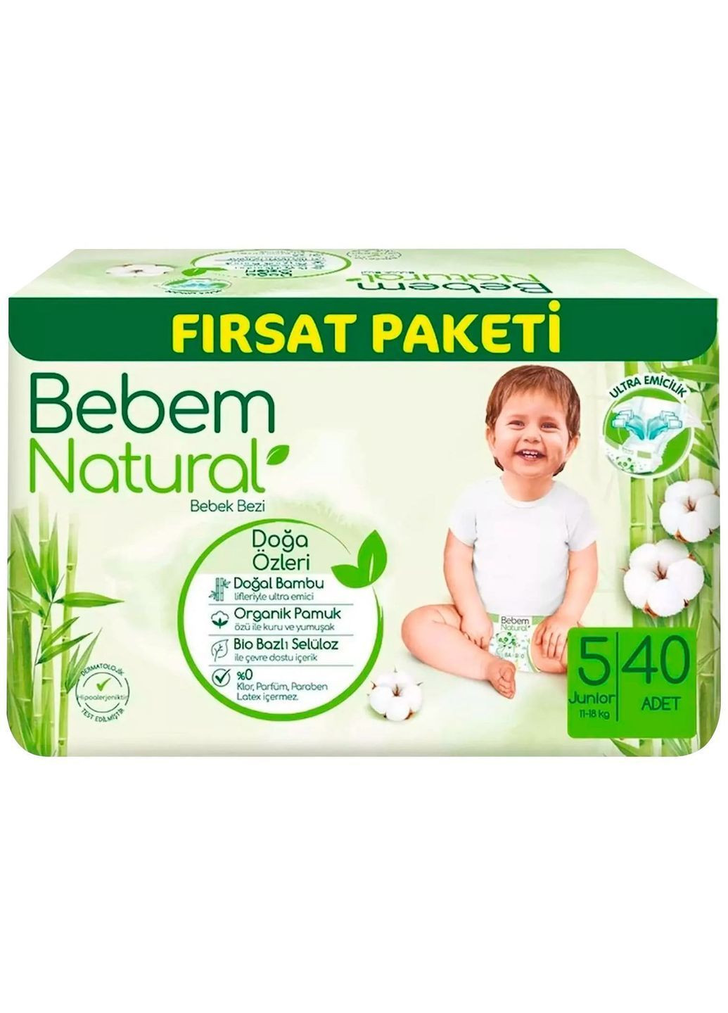 Підгузки на липучках Natural, 5 (11-18 кг), 40 шт. Bebem 8690536831975 (363256143)