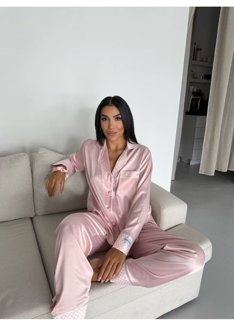 Розовая всесезон женская пижама розовая с окантовкой рубашка + брюки Vital-Textile 1290