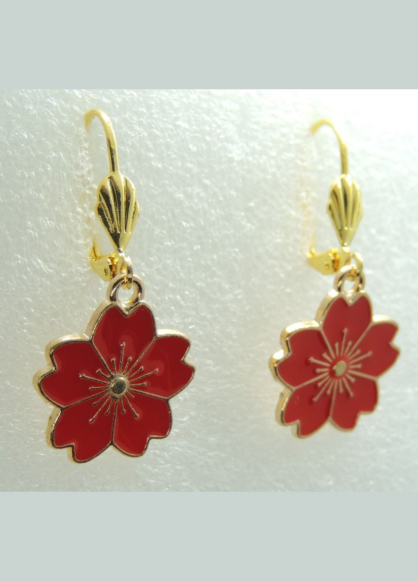 Серьги серьги европейские Красные цветочки эмаль 3.6 см золотистые Liresmina Jewelry (285110940)