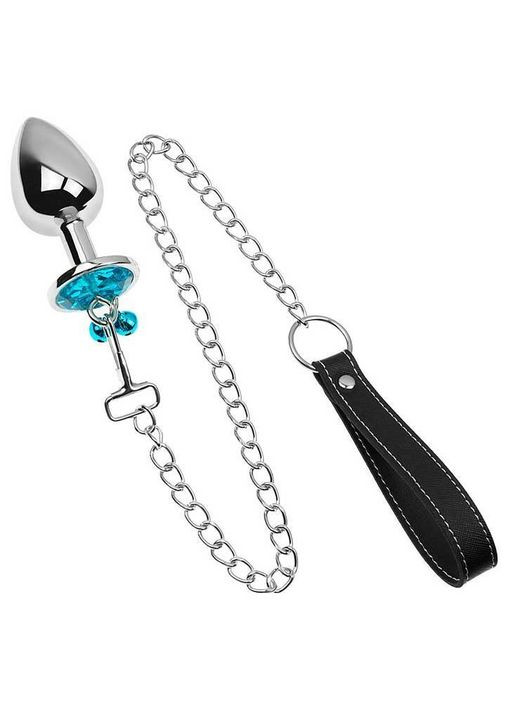 Бирюзовая металлическая анальная пробка с поводком - 4*9,4 см – Анальные игрушки No Brand (368892315)