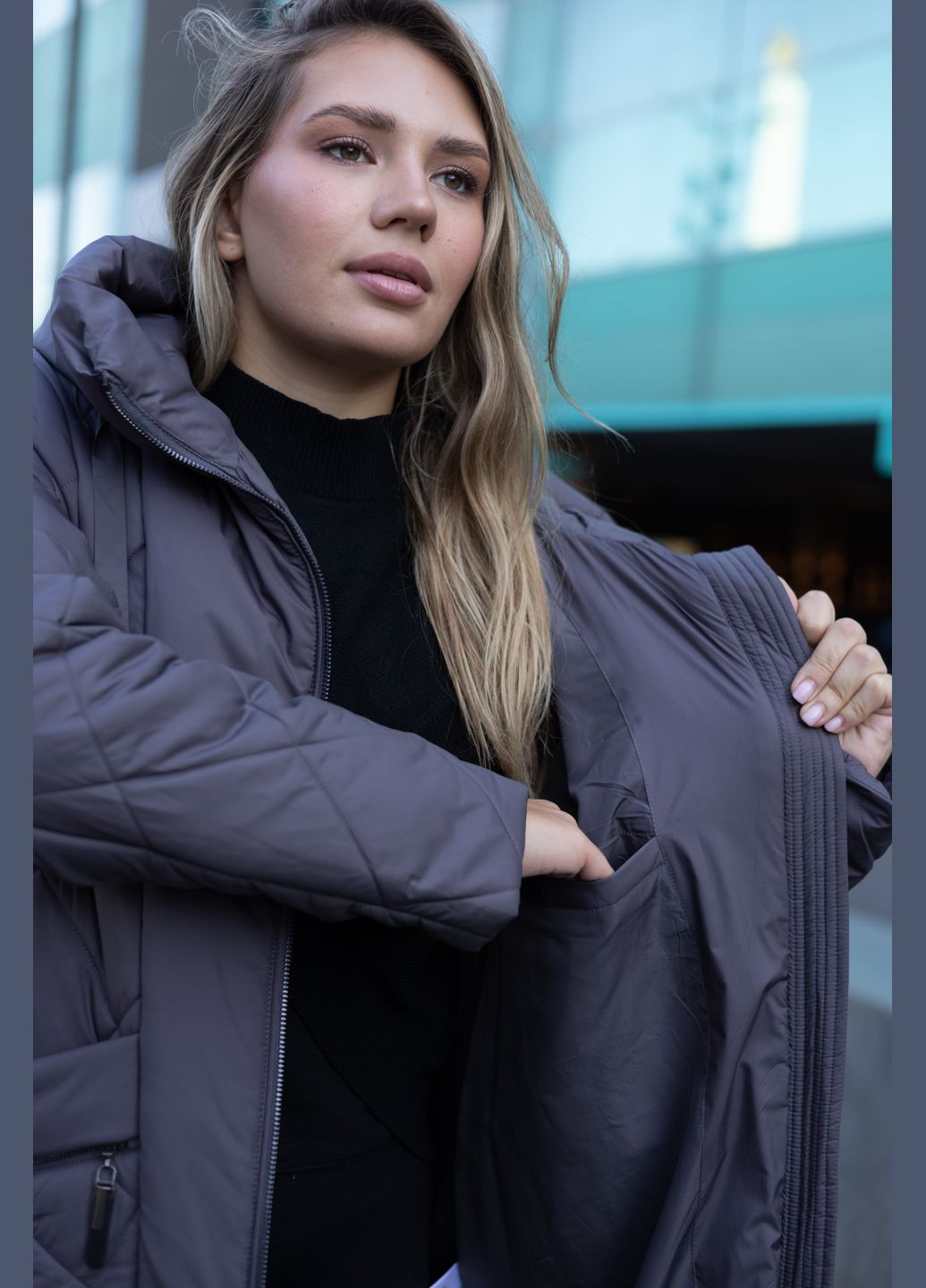 Графитовое зимнее Женское зимнее длинное пальто больших размеров 502852 Delfy