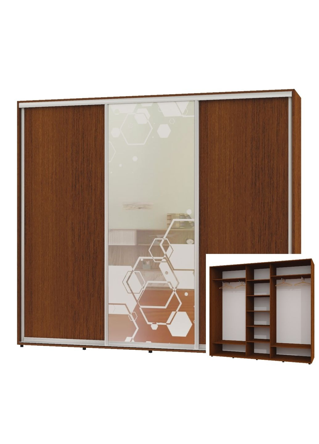 Шкаф-купе трехдверный 240*45*250 Орех лесной 2 ДСП/Зеркало с пескоструйным рисунком ШК-04 Алекса (360462722)