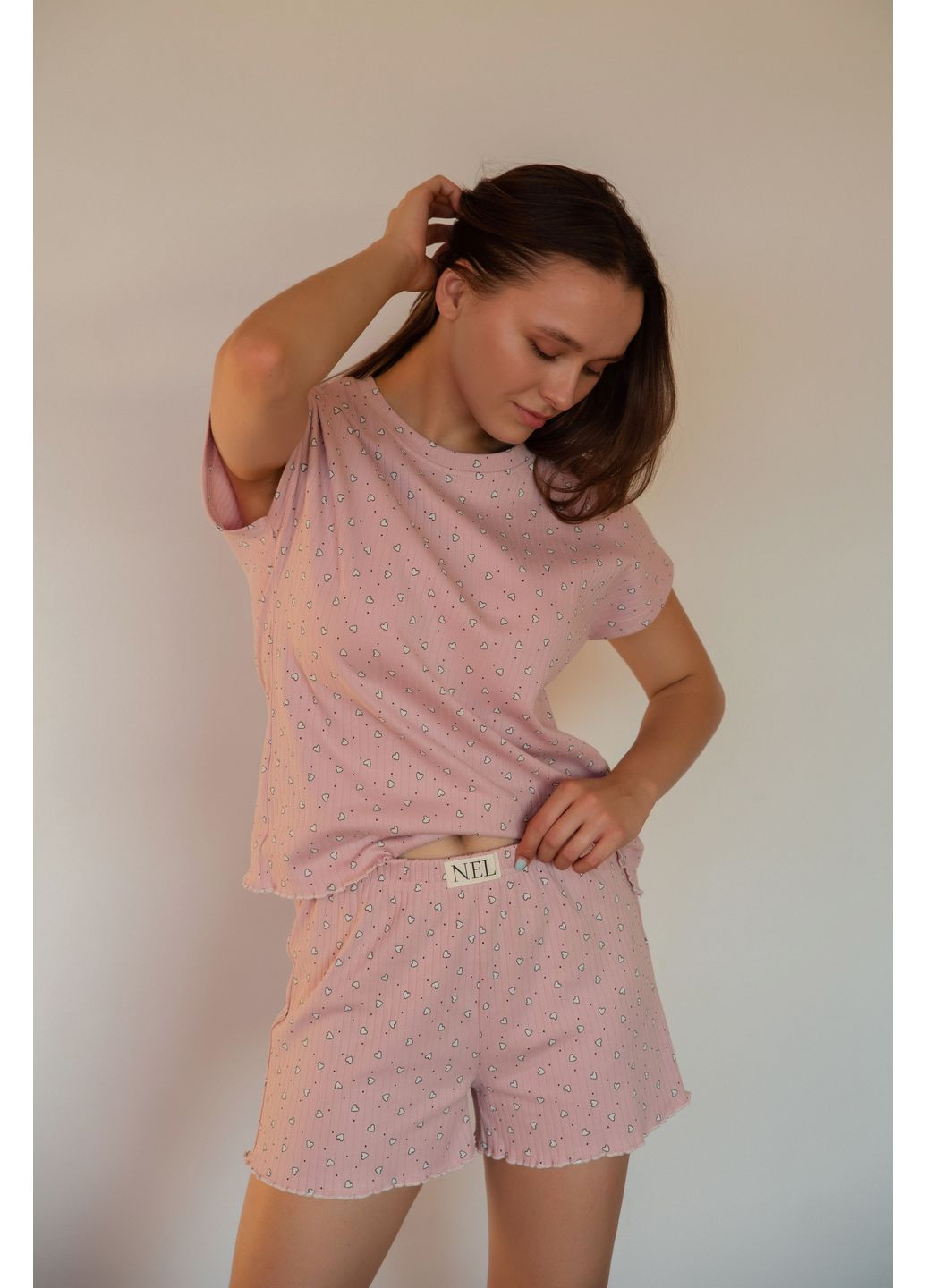 Розовая женская хлопковая пижама футболка+шорты N.EL.