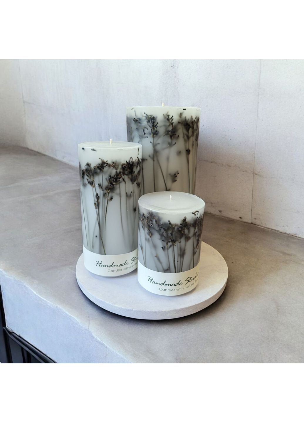 Набор больших свечей ручной работы декоративные ароматические свечи в наборе из 3 шт на подставке с веточками настоящей лаванды Handmade Studio - AV (370604220)