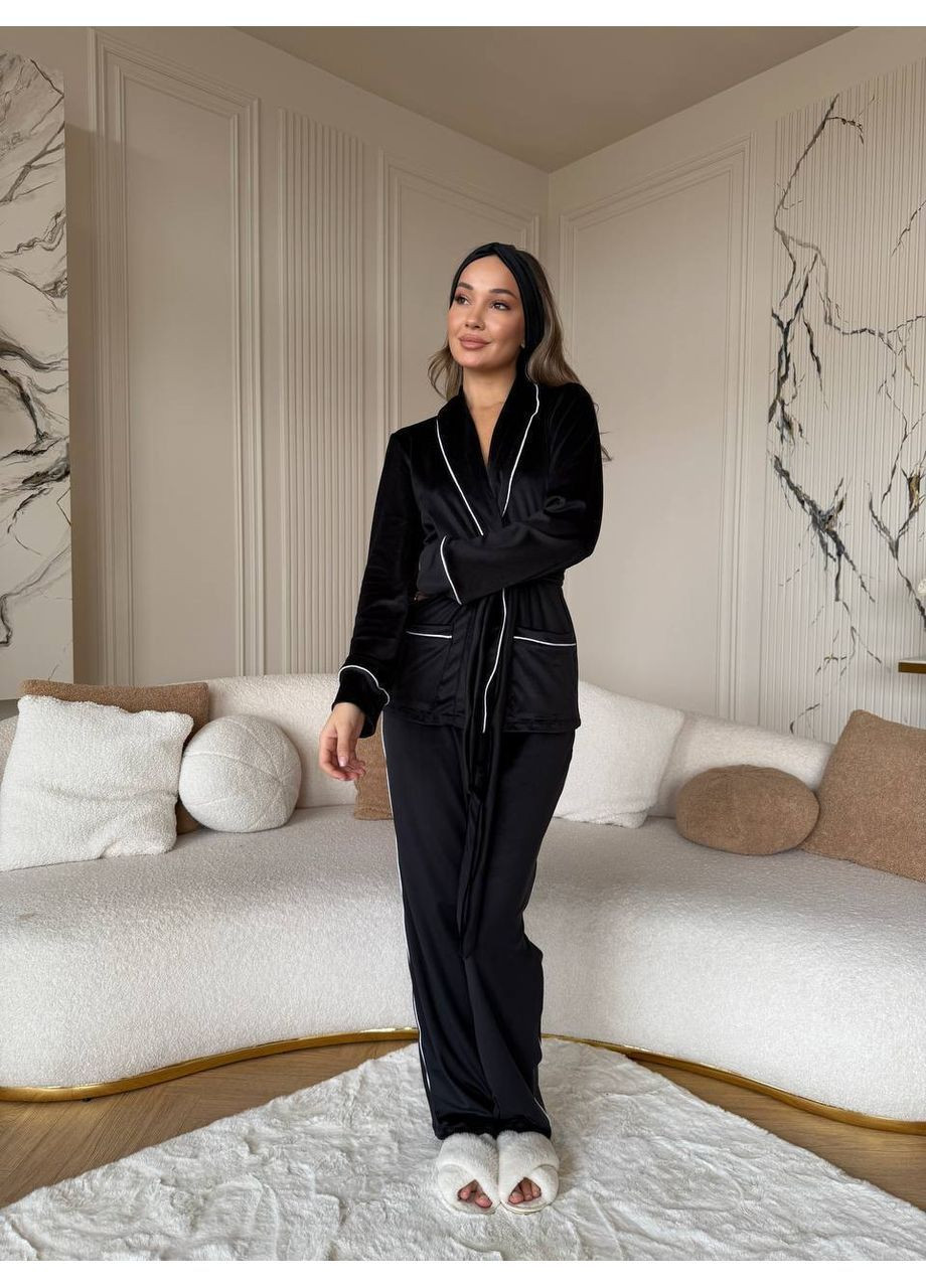 Черная женская пижама рубашка + брюки No Brand