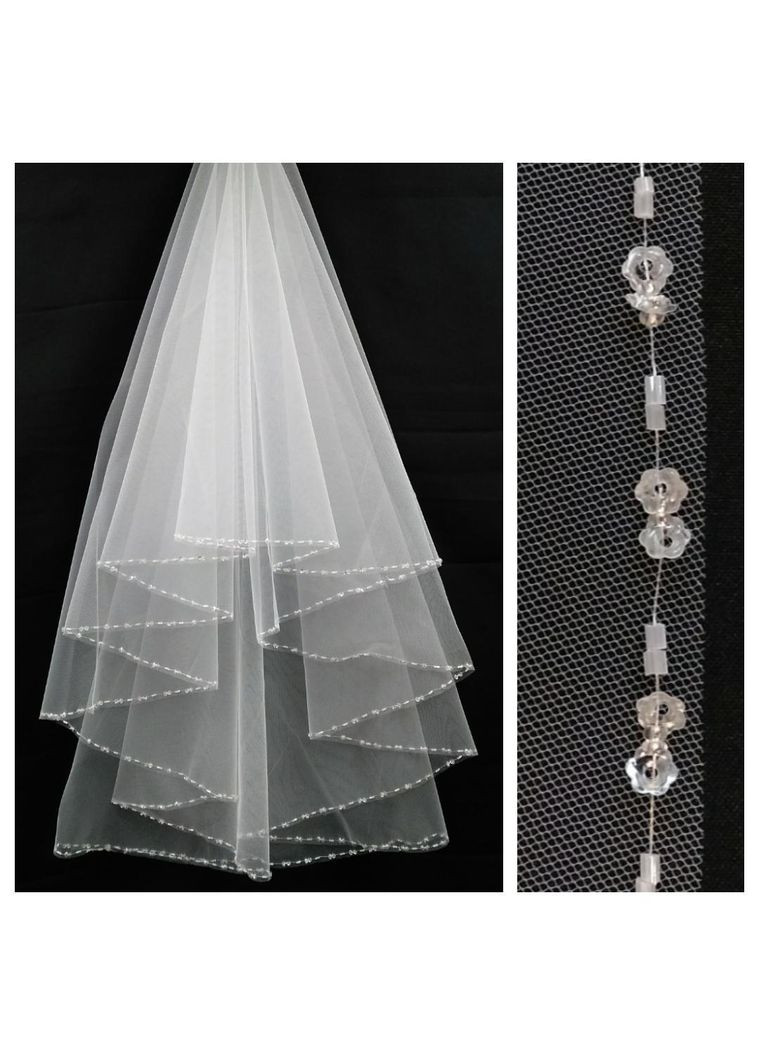 Фата з ручною вишивкою бісером і паєтками по краю 2523 біла, айворі No Brand (369162706)