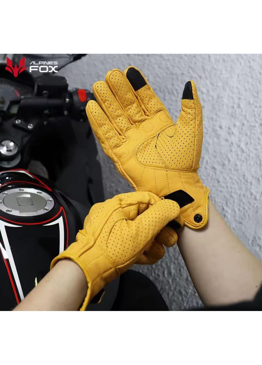 Шкіряні жовті мотоперчатки Alpines,рукавички для мотоцикла з перферацією та захистом Fox (370639491)