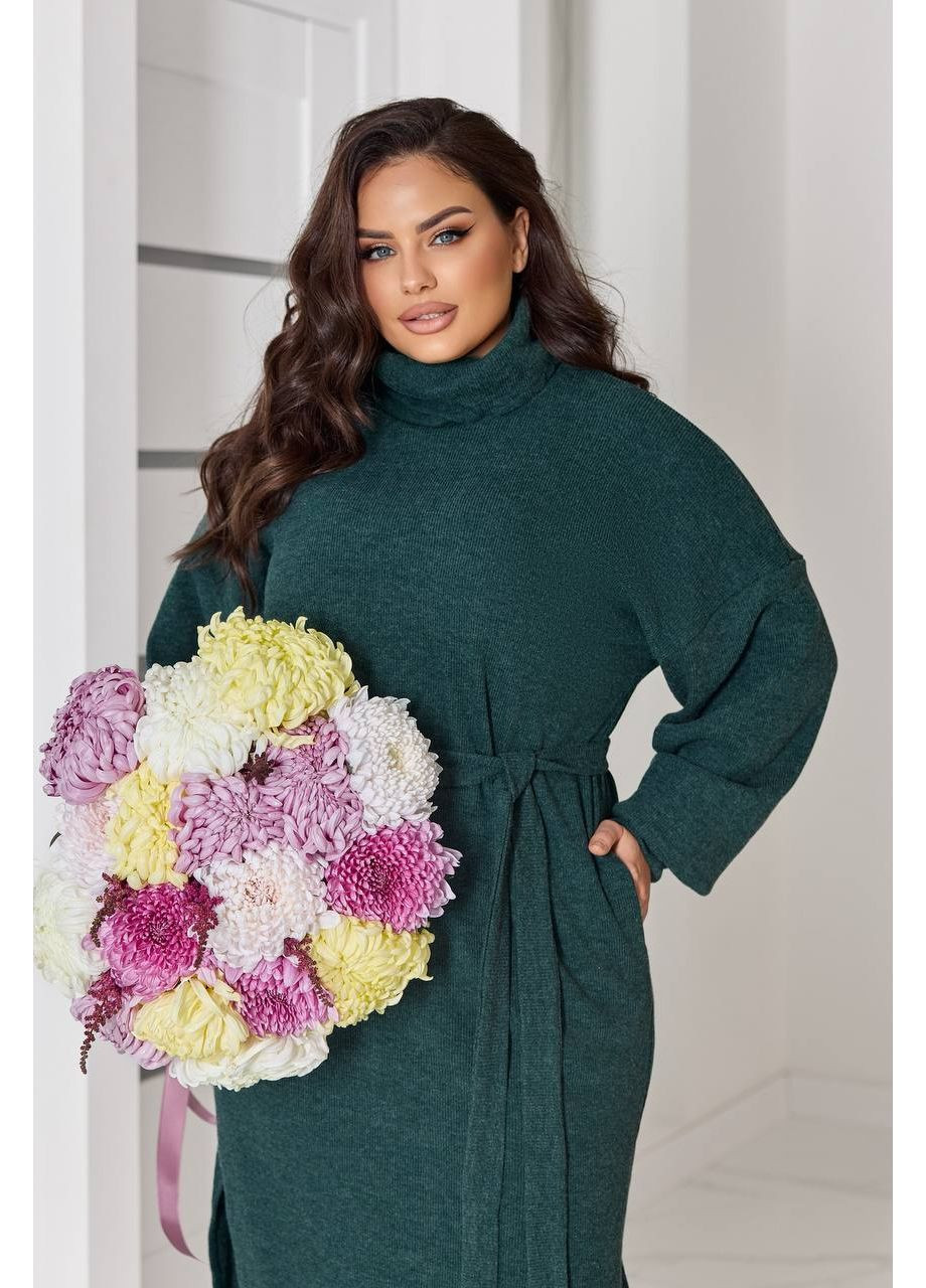 Изумрудное кэжуал платье свободного кроя с поясом платье-свитер Elfberg однотонное