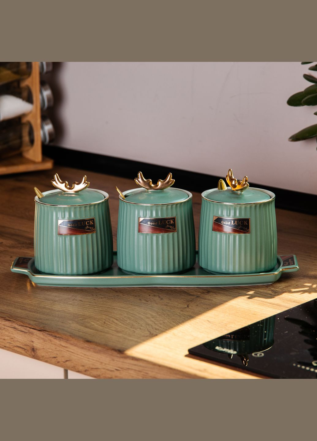 Набор банок для хранения продуктов 3 штуки по 400 мл на керамической подставке, Yiwu (328440506)