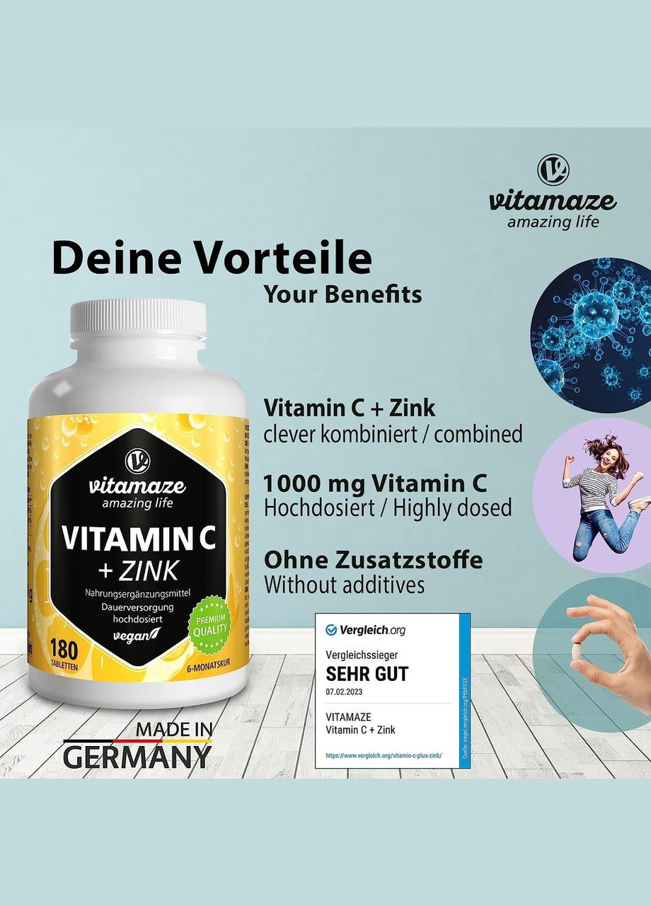 Витамин С 1000 мг + биофлавоноиды + цинк 180 таблеток Vitamaze (299717674)