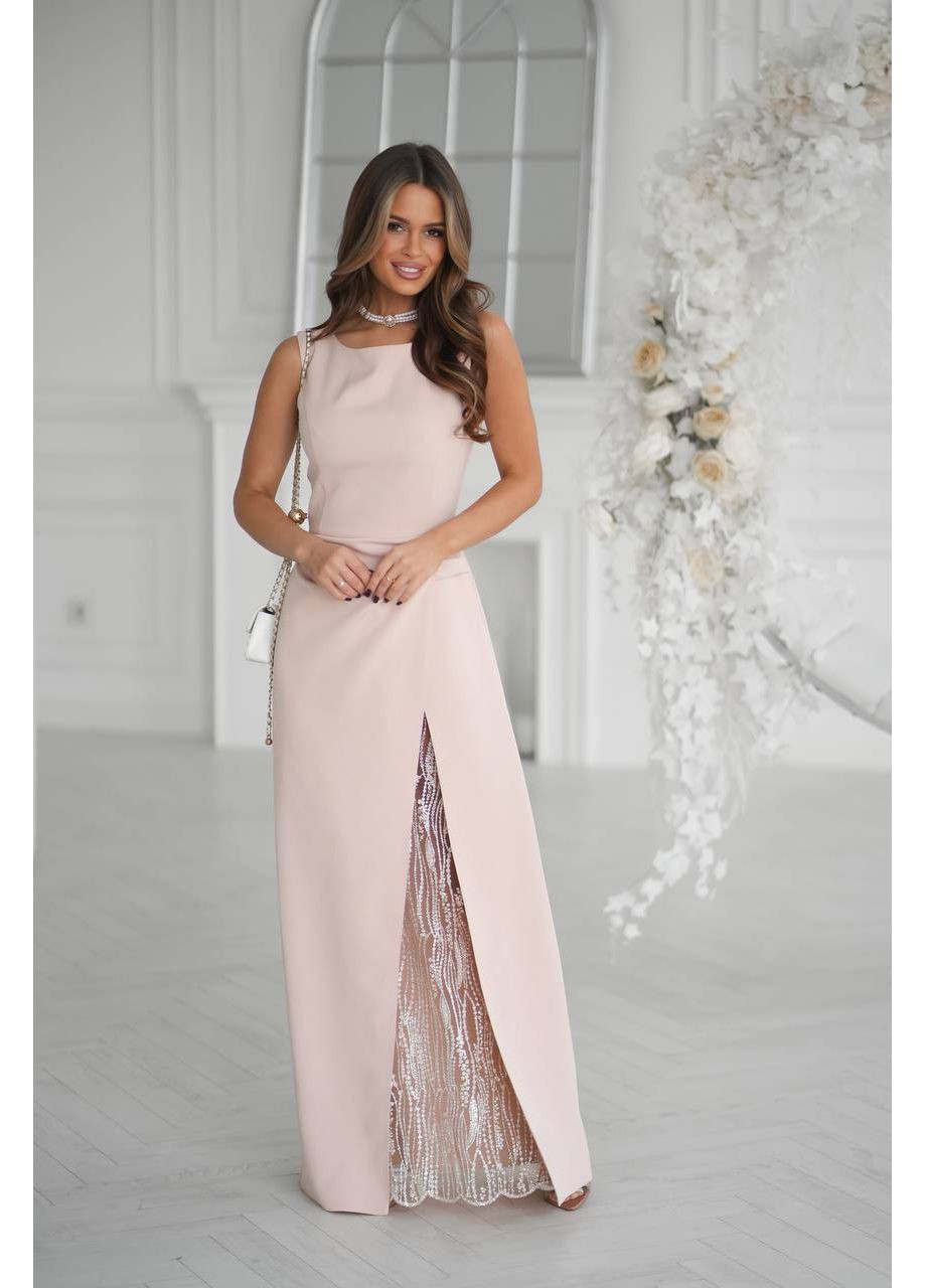 Бежевое женское платье с кружевной вставкой No Brand