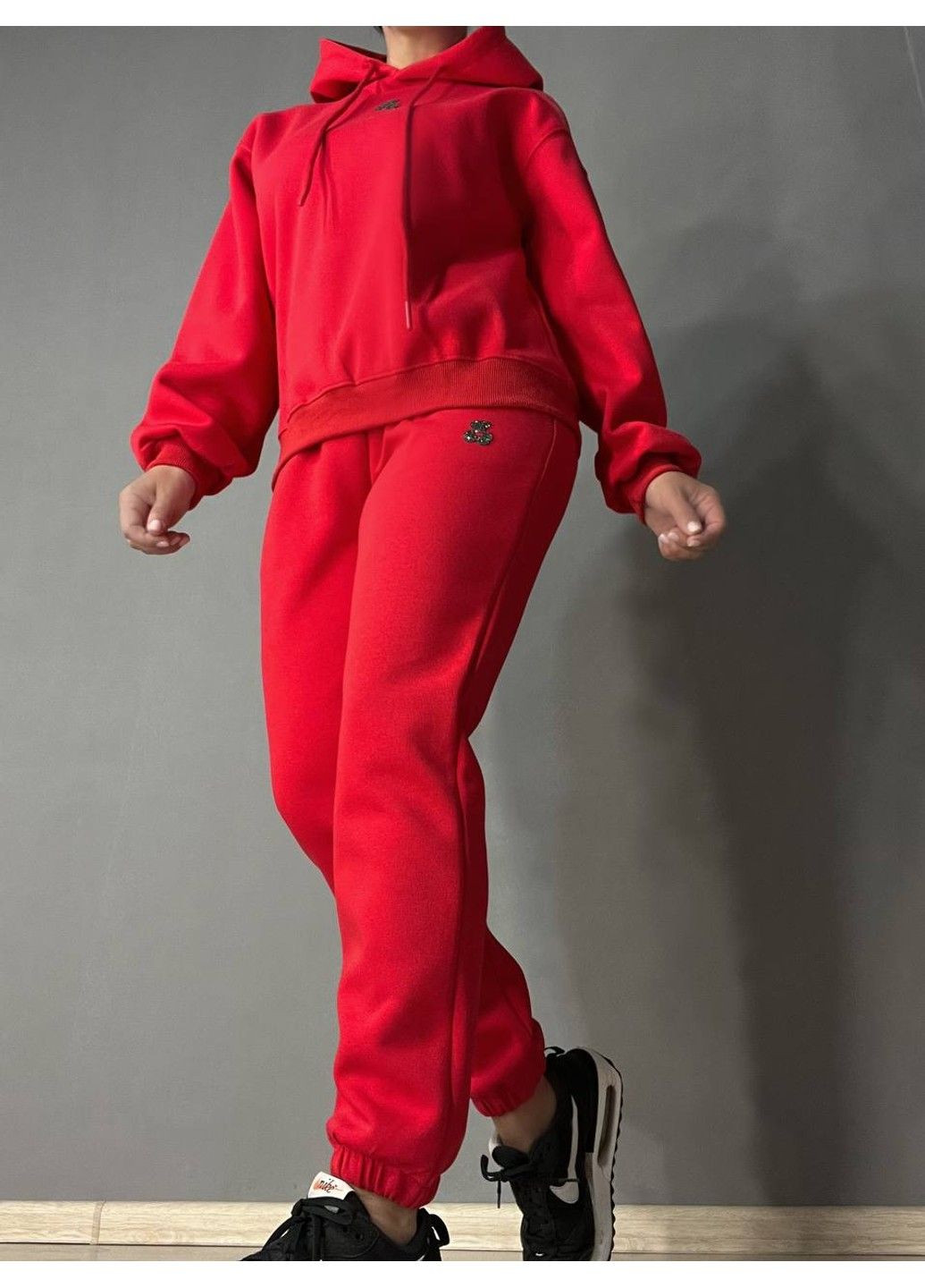 Костюм женский A-N 2735 с медвежонком в камнях -худи и штаны красный No Brand (338196005)