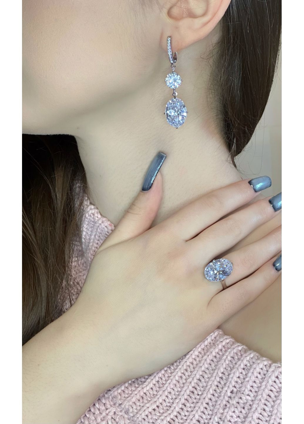 Серебряный комплект украшений с большим белым цирконием – роскошь, говорящая без слов Family Jewelry House (351897820)