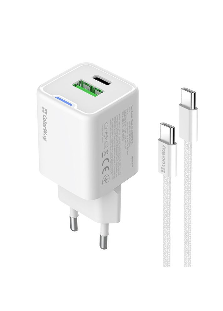 Сетевое зарядное устройство GaN Mini 20W PD Port PPS USB (Type-C PD + USB QC4.0) White (CW-CHS062PDC-WT) + кабель Type-C Colorway (364860947)