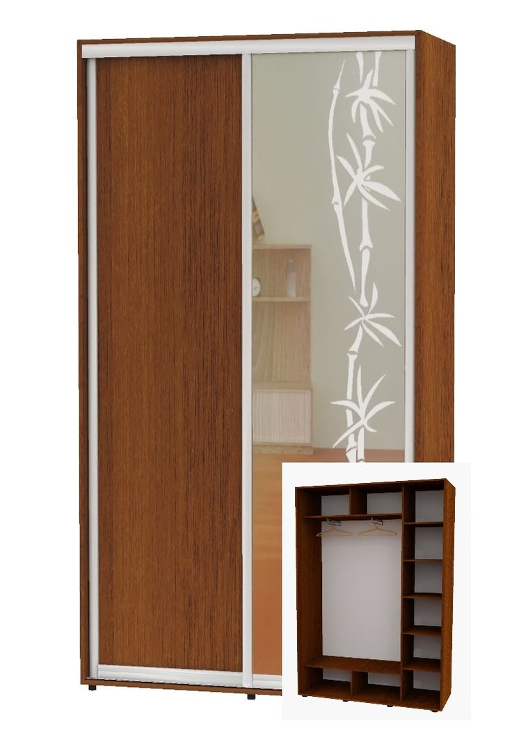 Шкаф-купе двухдверный 160*45*230 Орех лесной ДСП/Зеркало с пескоструйным рисунком Алекса (360429961)