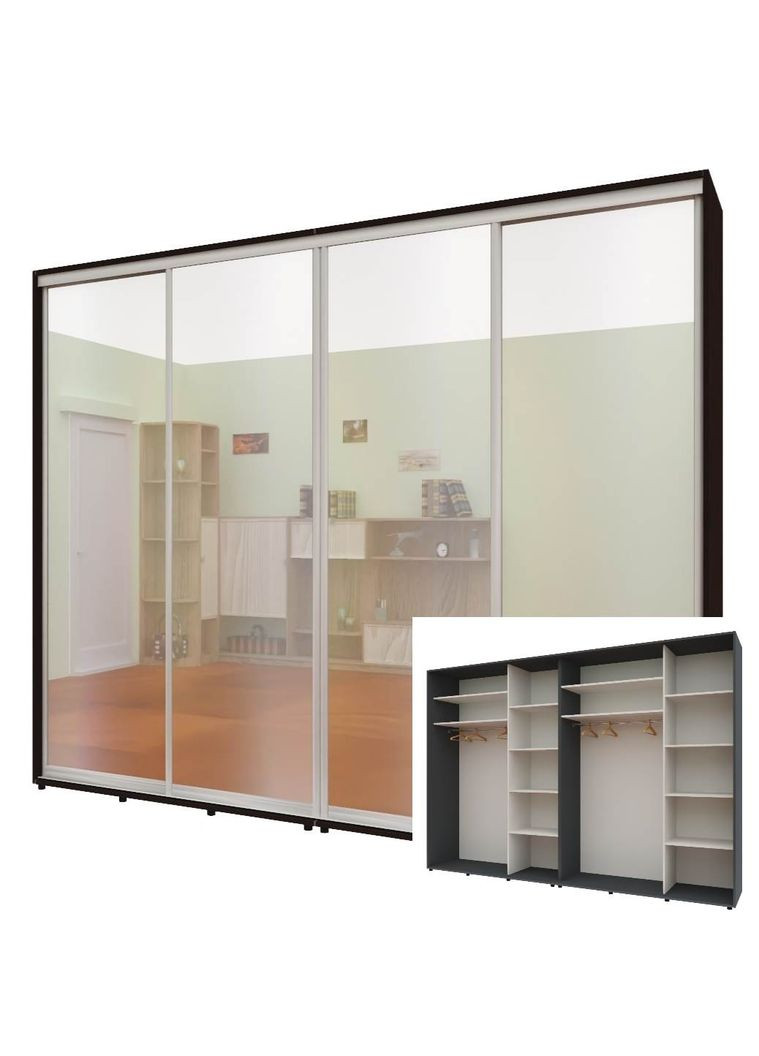 Шафа-купе чотиридверна 300*45*220 см Графіт 4 двері Дзеркало Стандарт Комфорт Меблі (360435200)
