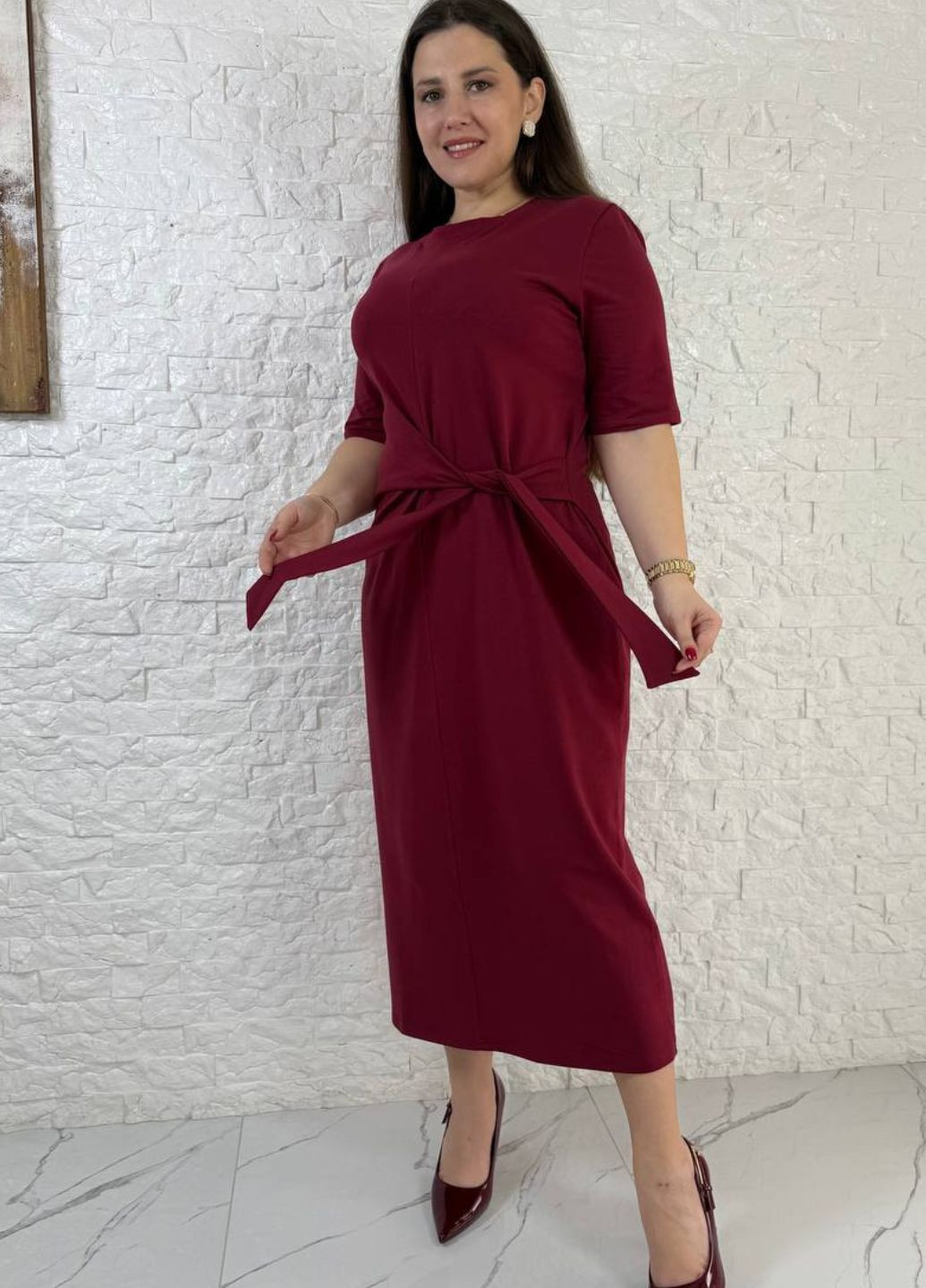 Бордова повсякденний довга сукня з імітацією пояса сукня-футболка Tik-Tak однотонна