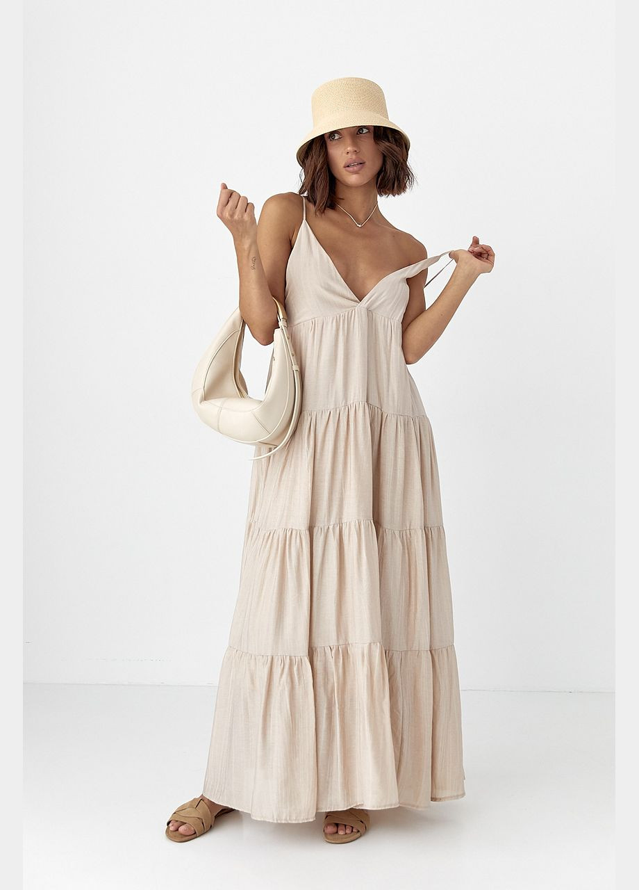 Кофейное свободное платье в полоску Lurex