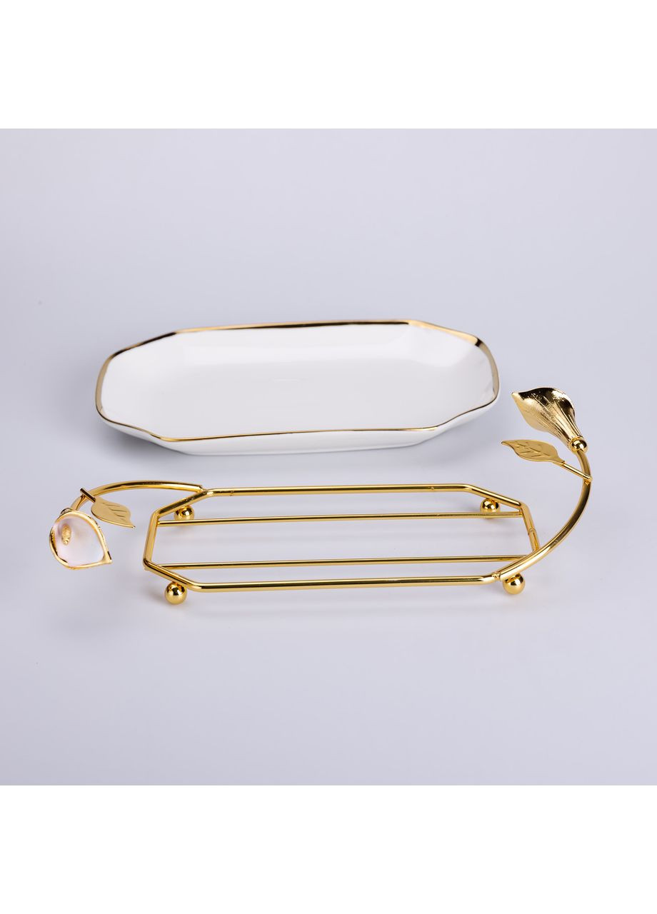 Керамическая фруктовница на подставке 26×15×3.5 см Белая с золотом Yiwu (360455069)