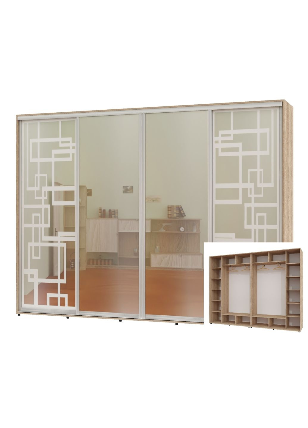 Шафа-купе чотиридверна 300*45*220 Дуб Сонома 2 Дзеркала з піскострумним малюнком/2 Дзеркала Алекса (360441438)