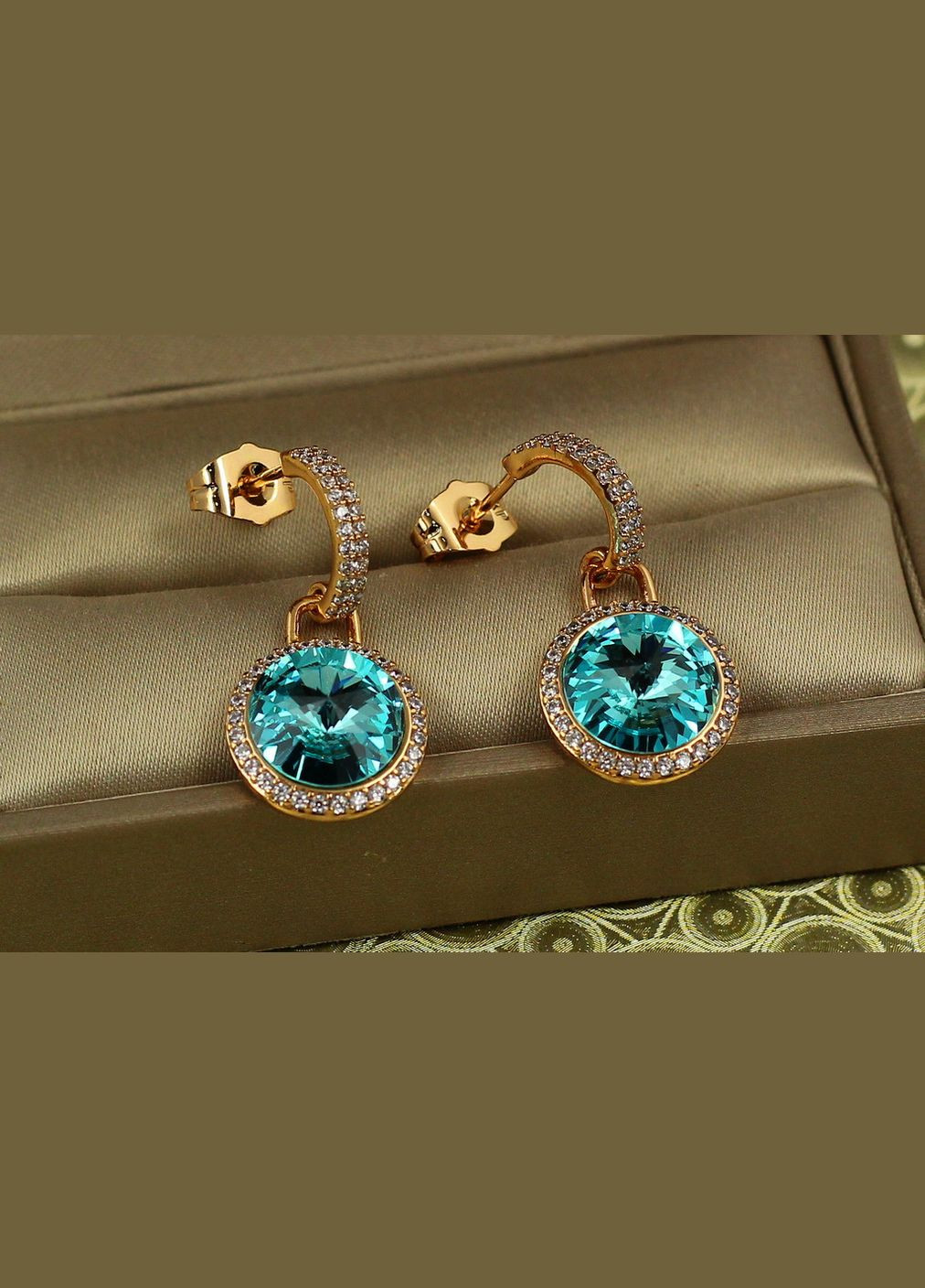 Серьги подвески Сваровски Романс с голубыми камнями 2,8 см золотистые Xuping Jewelry (329153762)