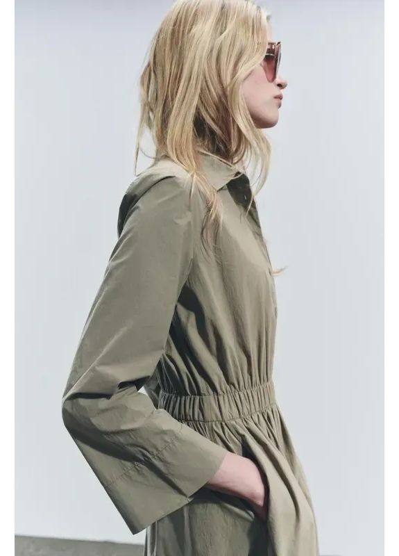 Оливкова (хакі) сукня-сорочка міді довжини з поліаміду Zara