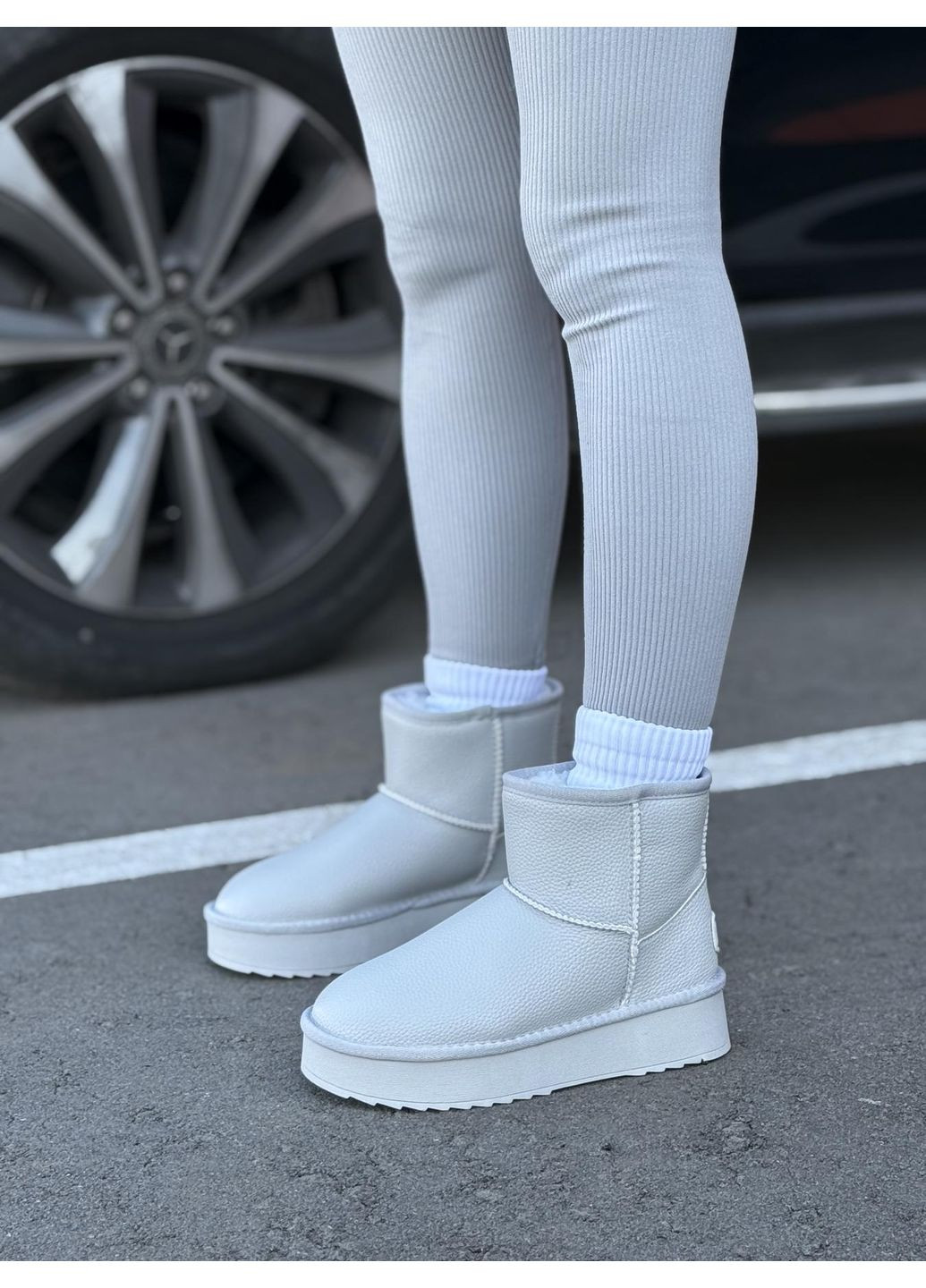 Жіночі уггі натуральна шкіра сірі на хутрі зимові на високій підошві дутики теплі No Brand (367954632)