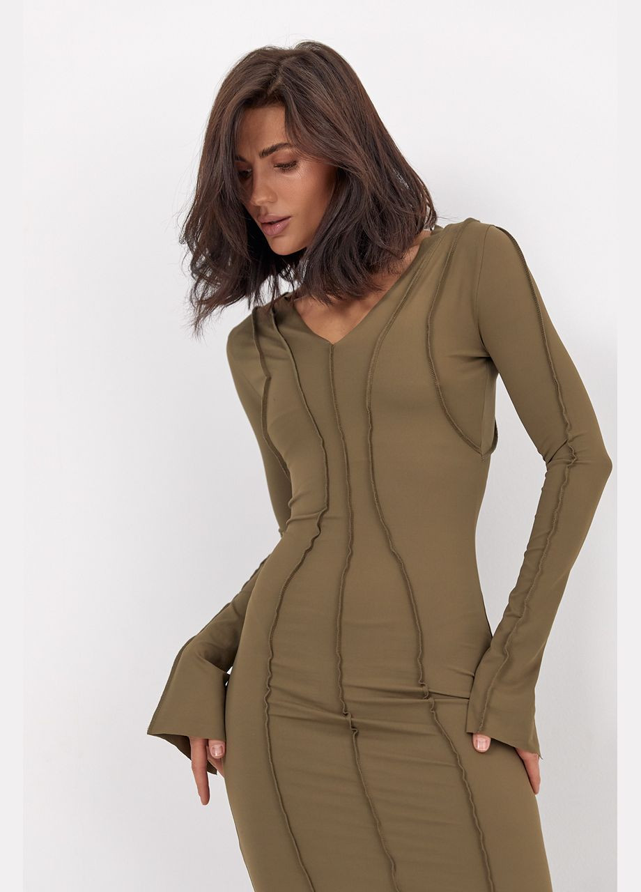 Оливкова (хакі) довга приталена сукня зі швами назовні Lurex