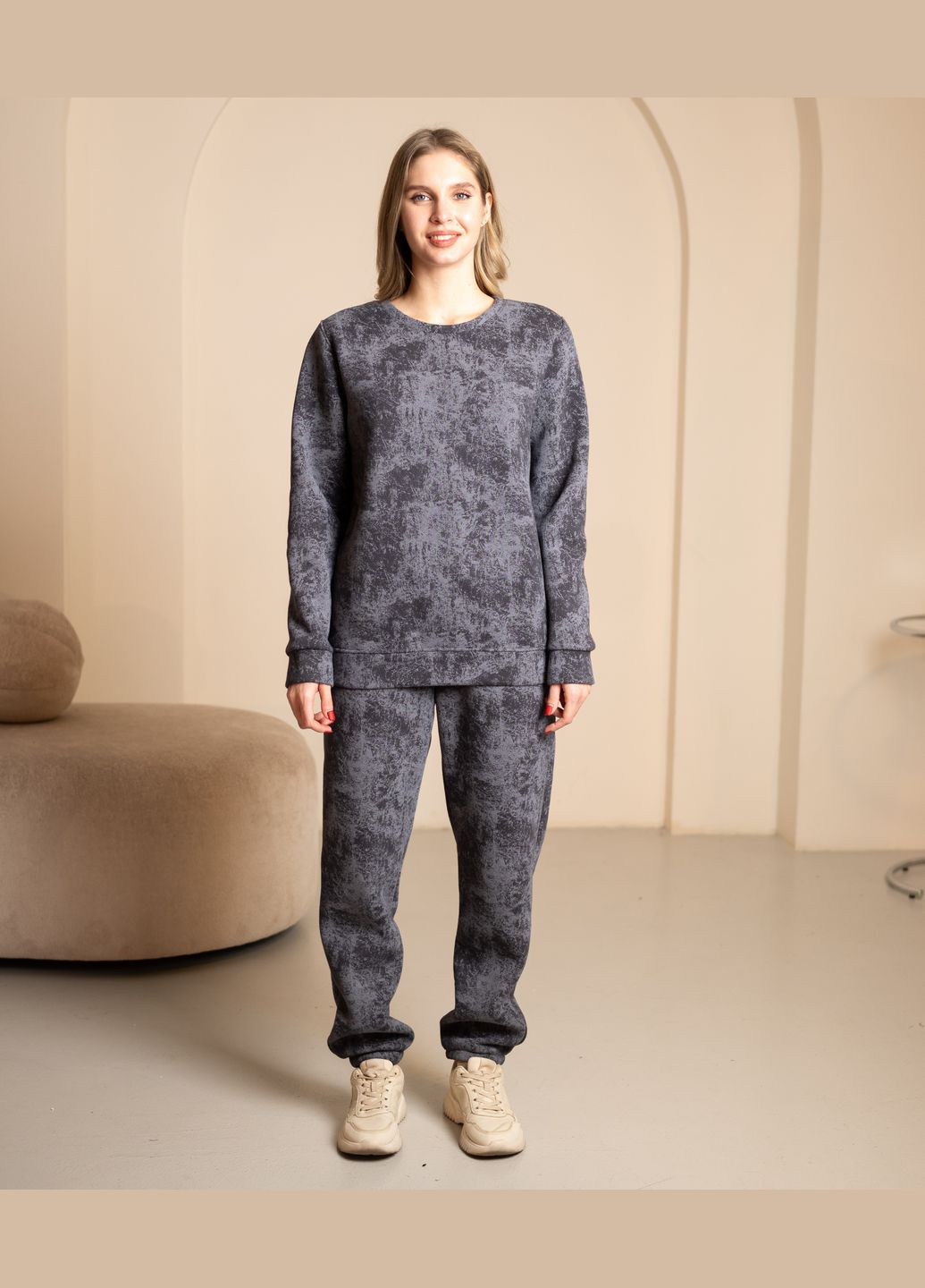 Теплый костюм серого цвета из турецкой тринитки на флисе, No Brand 7030 (316703288)