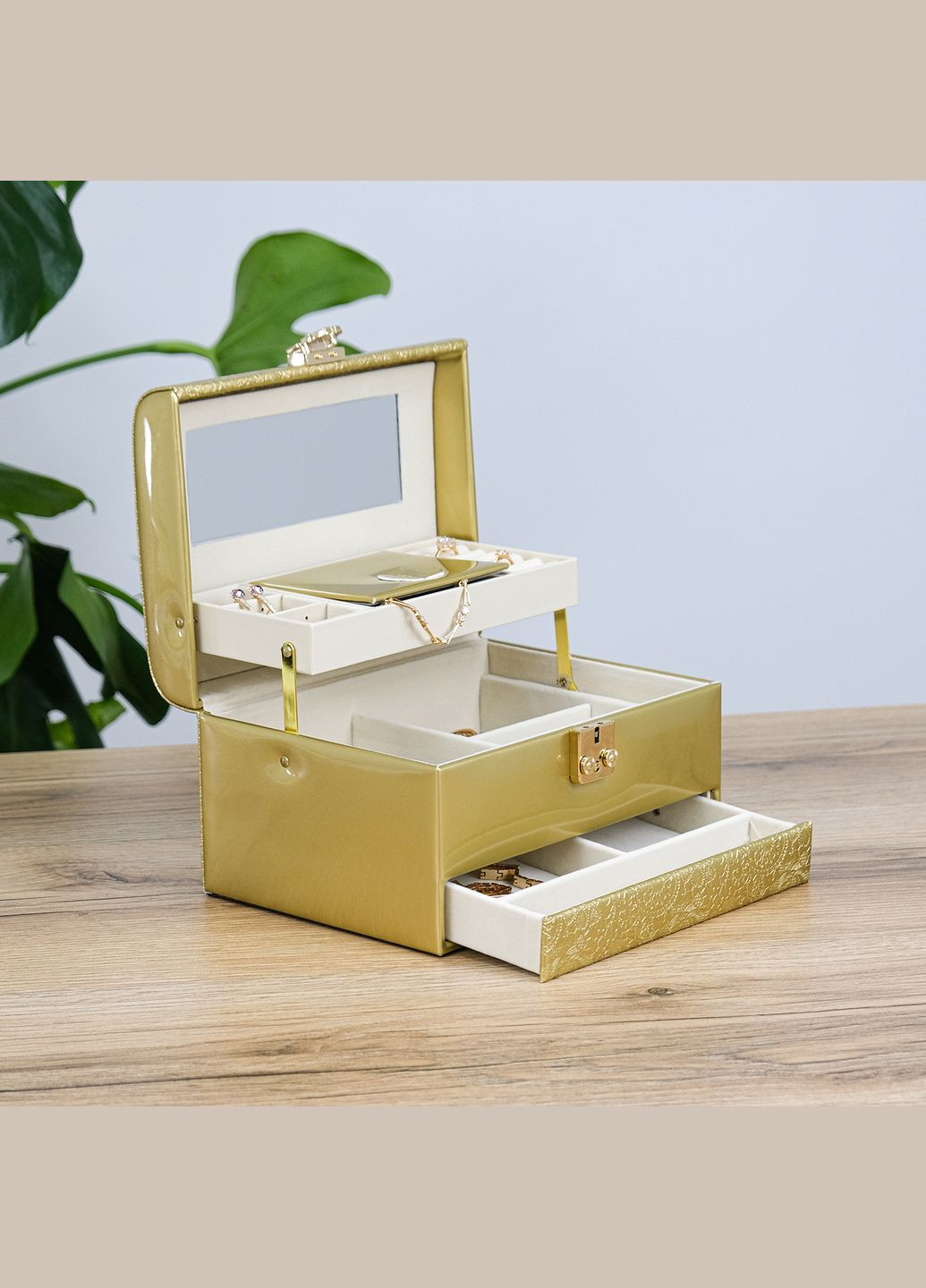 Шкатулка для прикрас трьохшарова з дзеркалом, поліуретанова шкіра золото см (JZ-018-3) Гранд Презент (322190830)