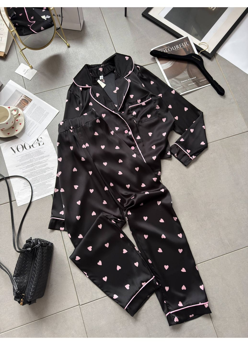 Черная всесезон женская нежная пижама из шелка в сердечках ☁️ замеры в описании рубашка + брюки DK/DL Мода без кордонів
