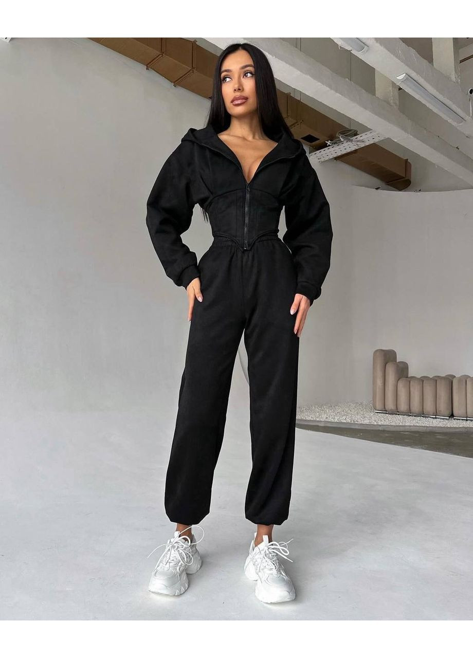 Теплий костюм жіночий замш на дайвінгу з капюшоном та кофтою корсетом No Brand (365063717)