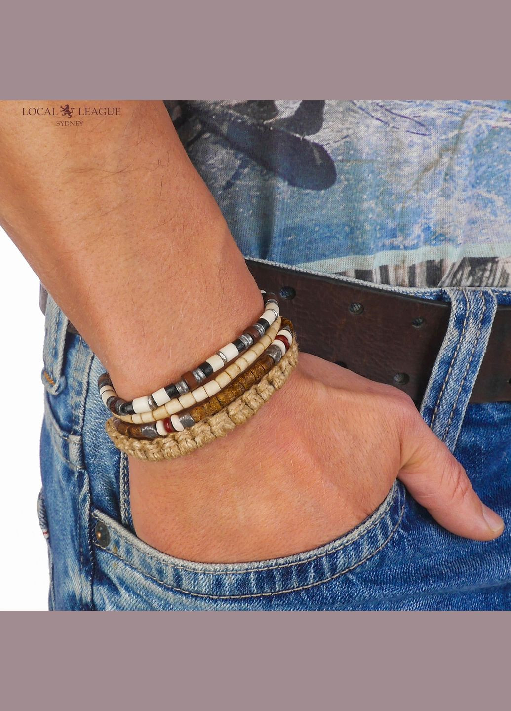 Набор мужских браслетов из кожи и дерева LB471 в серферском стиле. Local League (338416547)