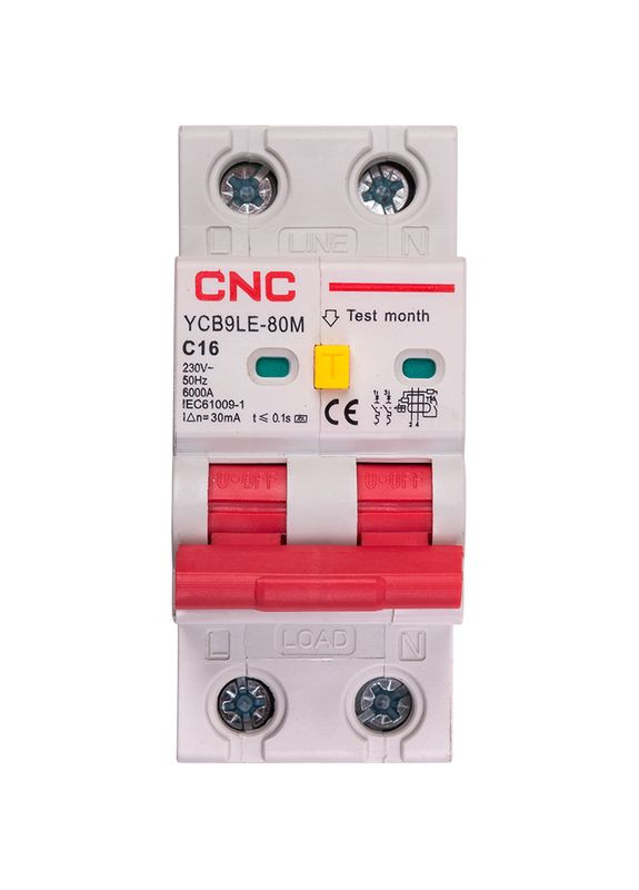 Дифференциальный автоматический выключатель YCB9LE80M 2P C16 6000A 30mA 230V CNC (315142302)