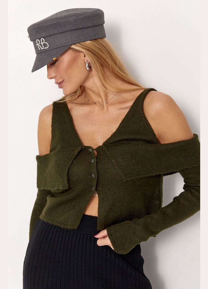 Темно-зеленый зимний женский вязаный пуловер с открытыми плечами 6118 пуловер Lurex