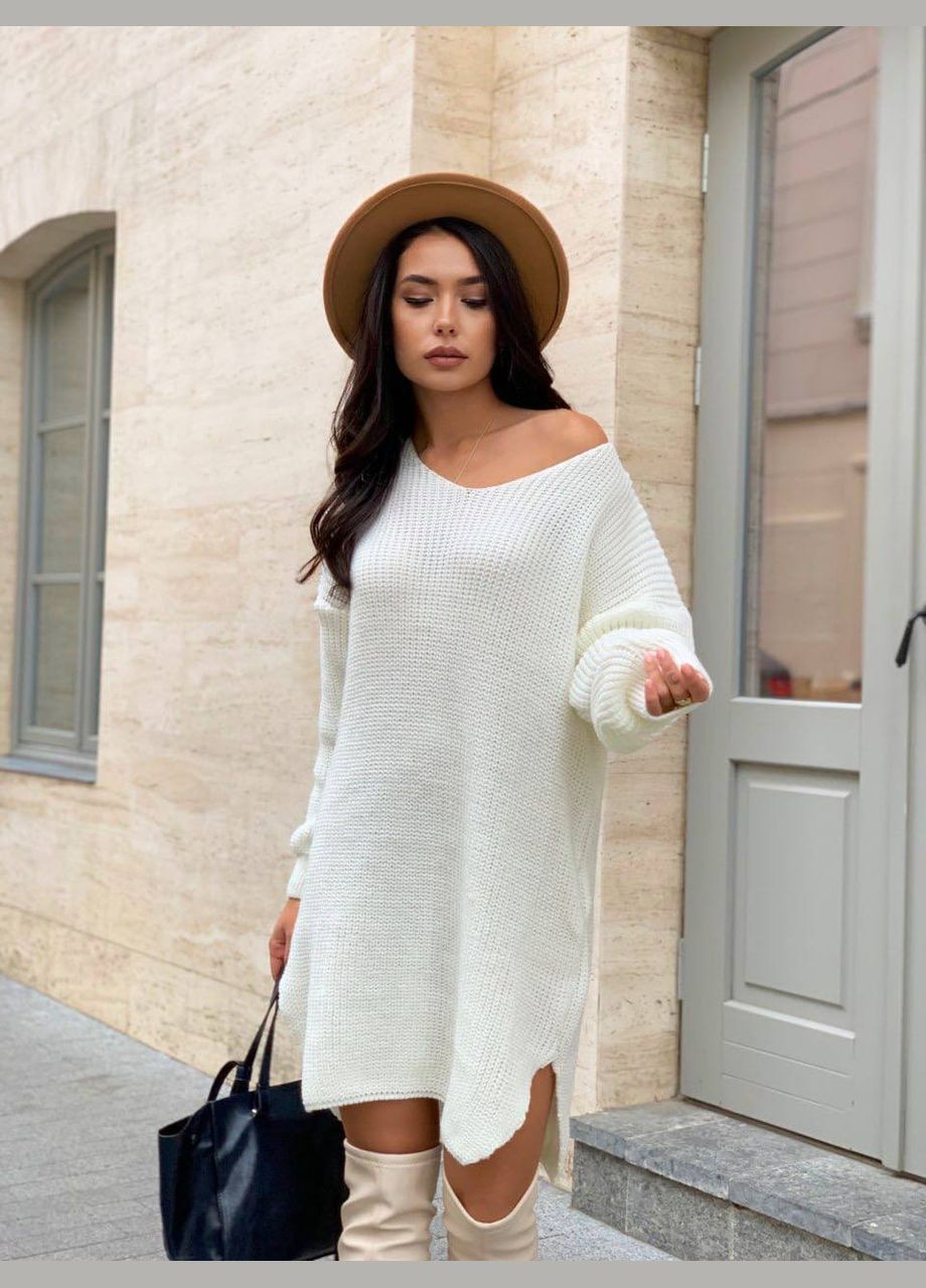 Молочное вязаное платье-туника молочного цвета 29939 платье-свитер Fashion однотонное