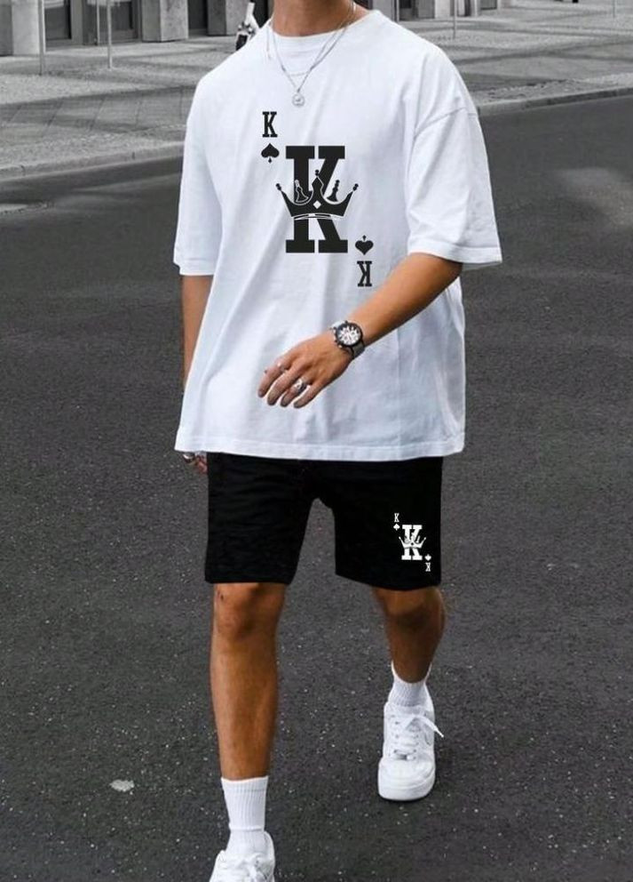 Стильний чоловічий чорно-білий літній спортивний костюм-двійка з модним принтом No Brand (295262496)