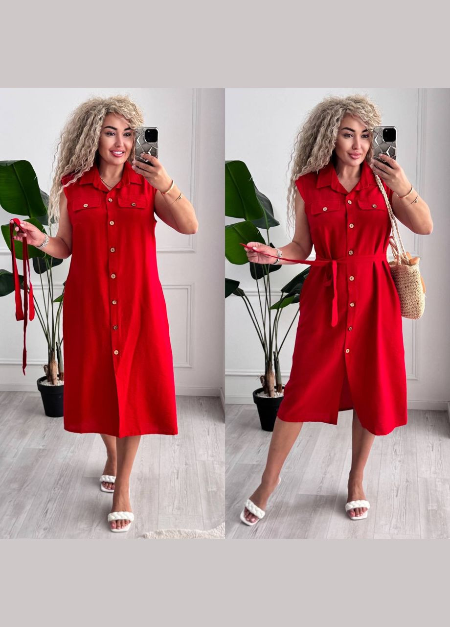 Червона повсякденний, кежуал жіноча сукня на ґудзиках із поясом Style Point однотонна