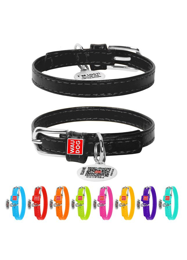 Нашийник для собак шкіряний Glamour з QR паспортом, без прикрас, XXS, Ш 9 мм, Дов 19-25 см чорний WAUDOG (322002549)