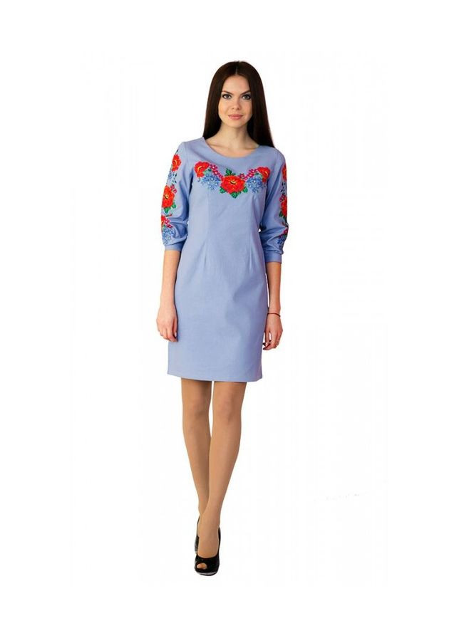 Голубое льняное платье с вышивкой голубое ЕтноМодерн с цветочным принтом