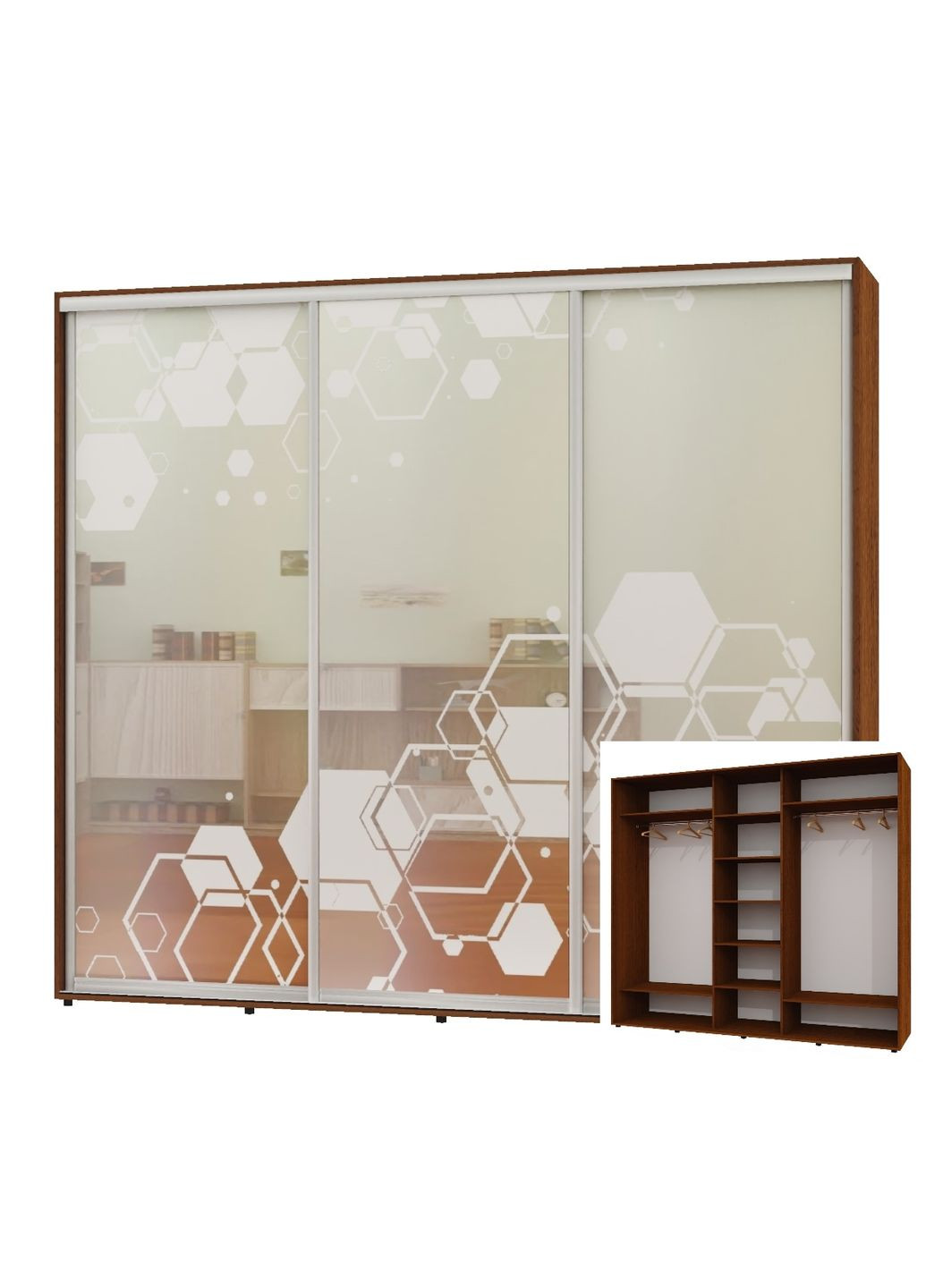 Шафа-купе тридверна 270*60*250 Горіх лісовий Дзеркало з піскострумним малюнком ШК-04 Алекса (360435414)