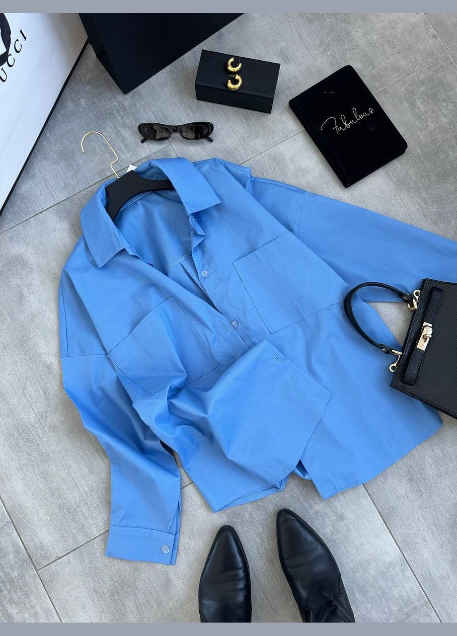 Голубой классическая, кэжуал рубашка однотонная No Brand с длинным рукавом